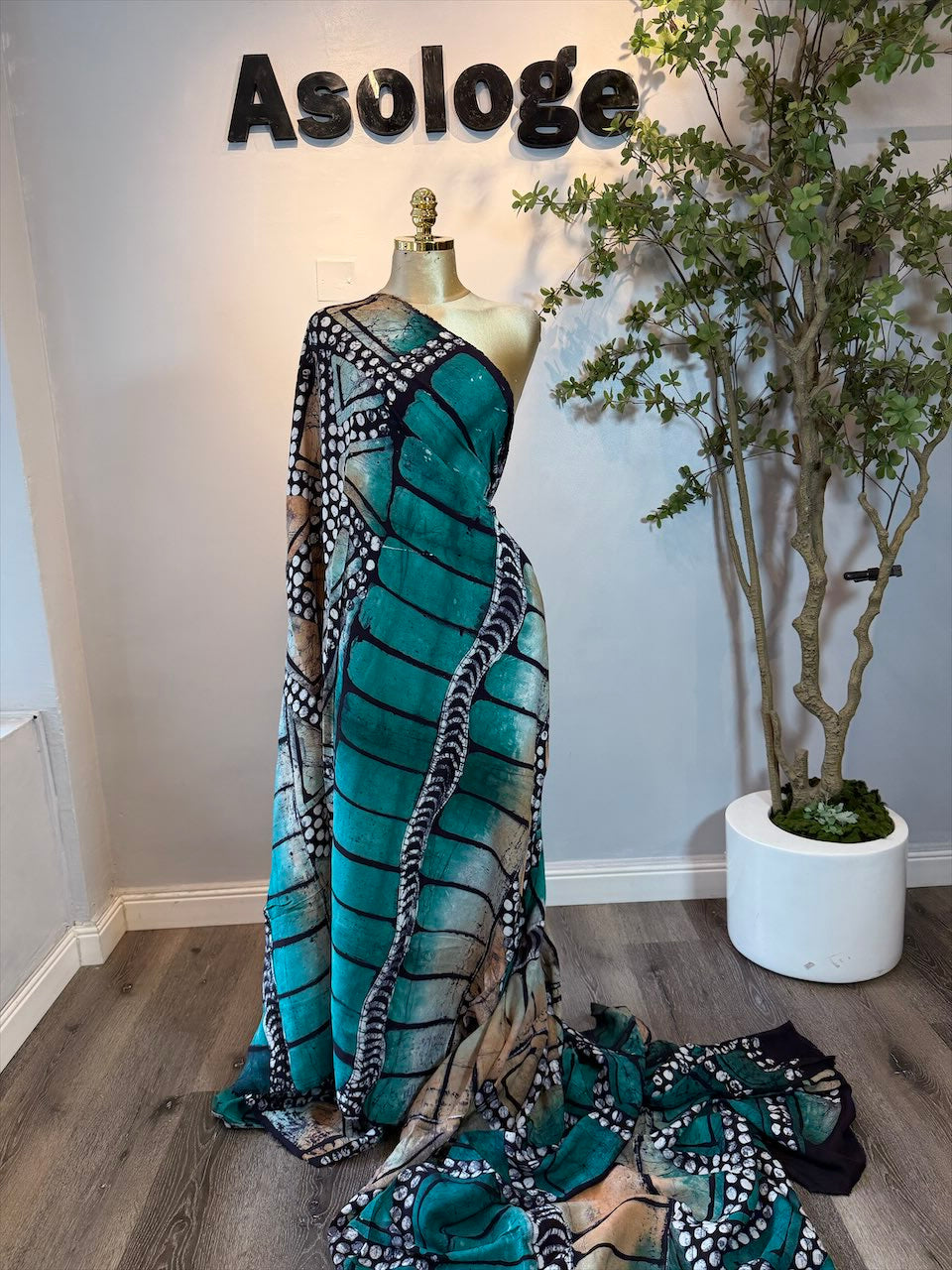 Teal Lines Adire Chiffon