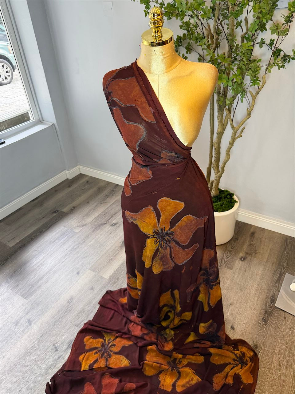 Maroon Flower Chiffon Adire