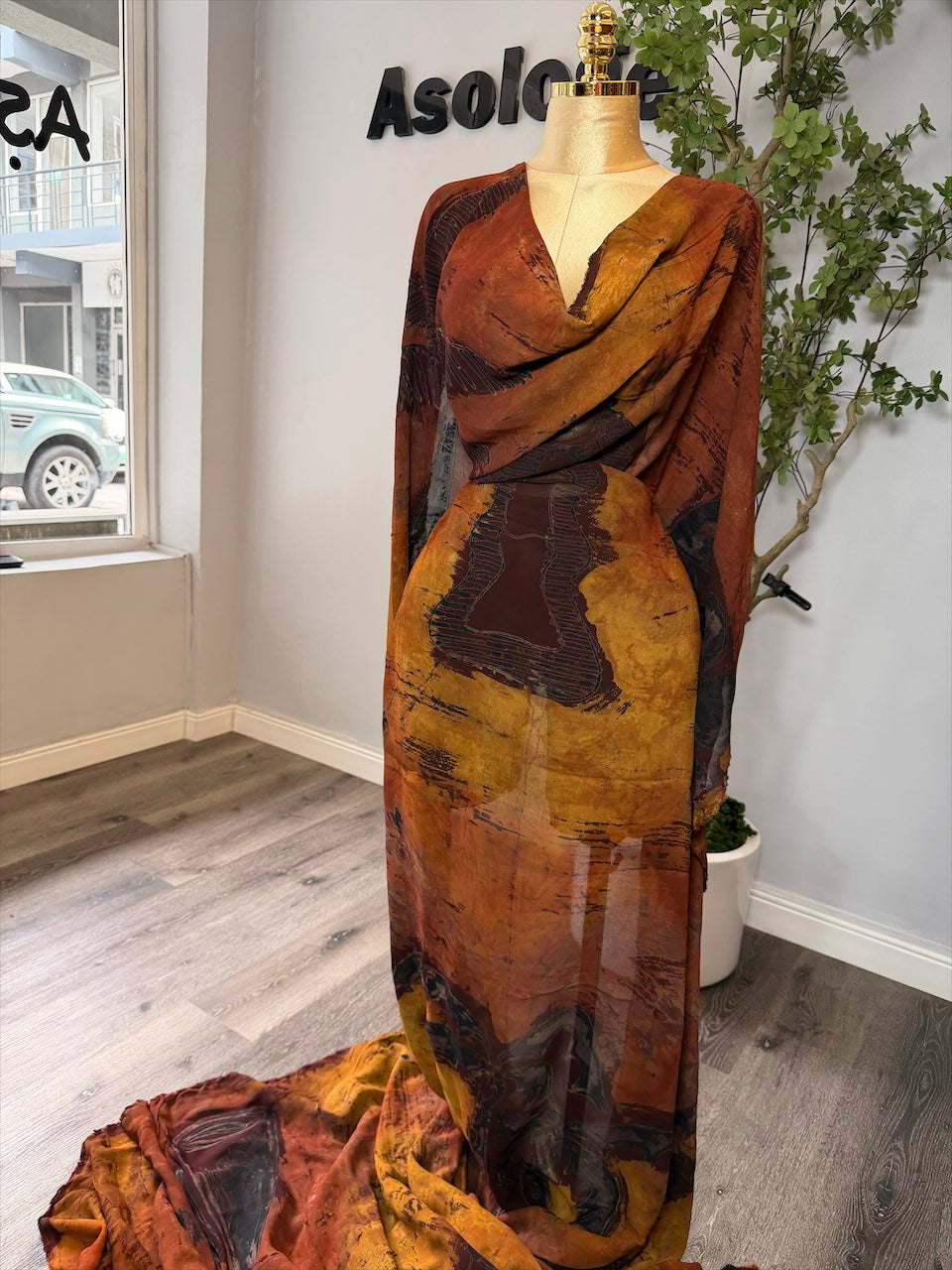 Dark Orange Chiffon Adire