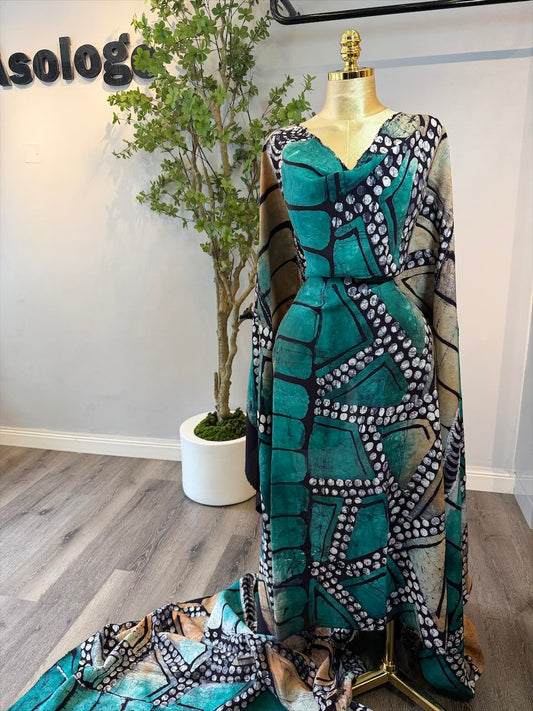 Teal Lines Adire Chiffon
