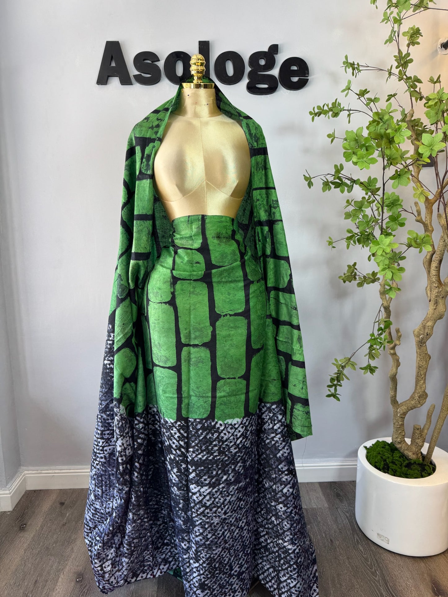 Green and black block patterned hand-dyed soft adire brocade by Asologe