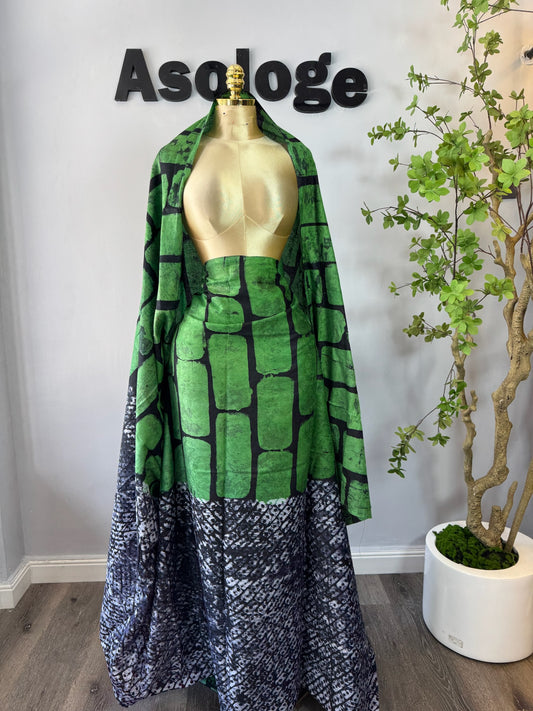 Green and black block patterned hand-dyed soft adire brocade by Asologe