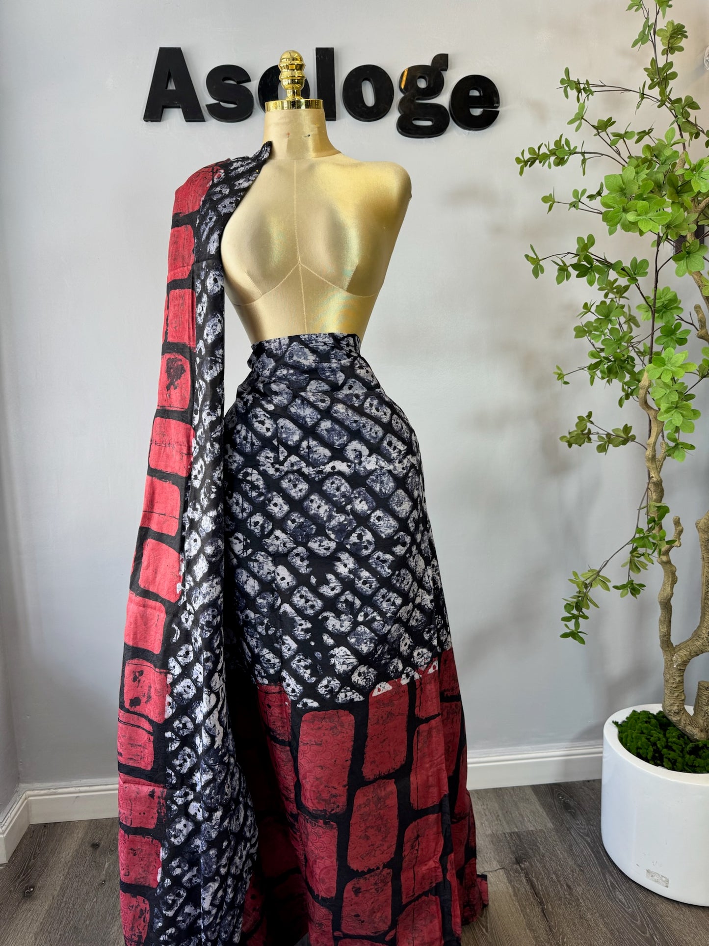 Red and black block patterned hand-dyed soft adire brocade by Asologe