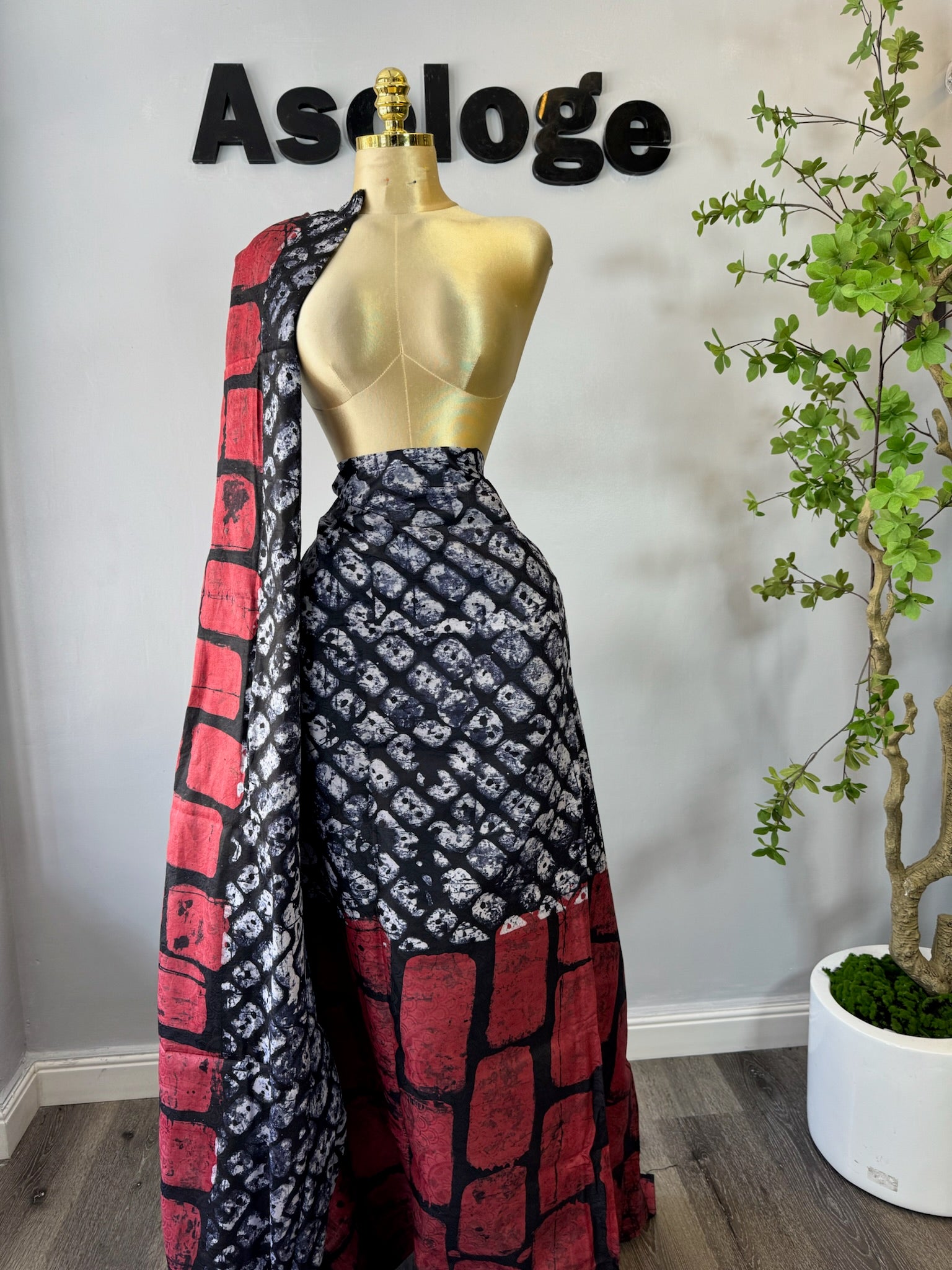 Red and black block patterned hand-dyed soft adire brocade by Asologe